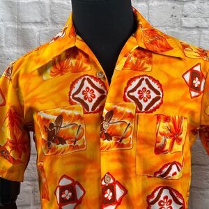 VTG 70s Mar Vista Hawaiian Shirt Men's Small Tapa Butterfly Collar Outrigger